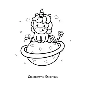 Image à colorier d'une mignonne licorne kawaii assise sur une planète