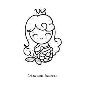 Image à colorier d'une mignonne sirène kawaii assise