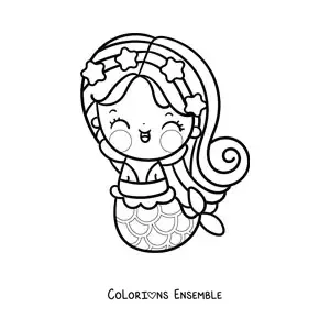 Image à colorier d'une mignonne sirène kawaii avec une couronne d'étoiles