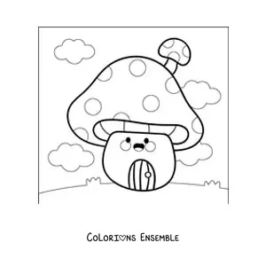 Image à colorier d'une mignonne maison champignon kawaii animée