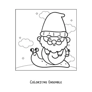 Image à colorier d'un mignon gnome kawaii sur un escargot
