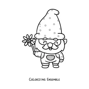 Image à colorier d'un mignon gnome kawaii avec une fleur