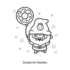 Image à colorier d'un mignon gnome kawaii avec un ballon en forme de donut