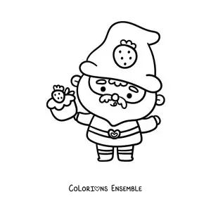 Image à colorier d'un mignon gnome kawaii avec un cupcake à la fraise