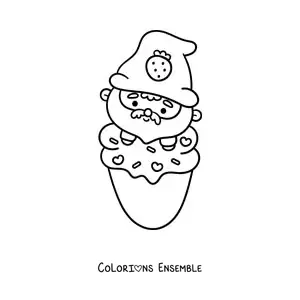 Image à colorier d'un mignon gnome kawaii sur une glace à la fraise