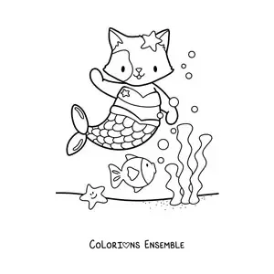 Image à colorier d'un mignon chat sirène kawaii dans la mer