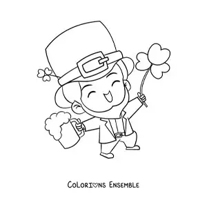 Image à colorier d'un lutin irlandais porte-bonheur avec un trèfle