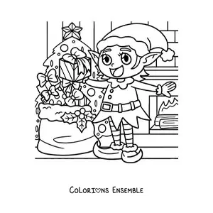 Image à colorier d'un lutin de Noël avec des cadeaux près du sapin