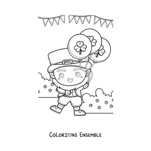 Image à colorier d'un mignon lutin kawaii avec des ballons en forme de trèfle