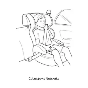 Image à colorier d’un enfant attaché par sa ceinture dans son siège auto