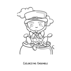 Image à colorier d'un mignon lutin kawaii assis sur sa marmite d'or