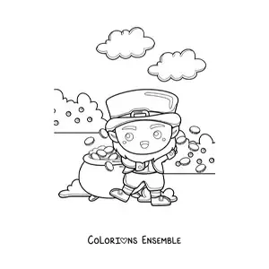 Image à colorier d'un mignon lutin kawaii à côté de sa marmite d'or