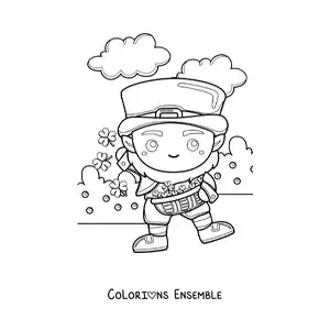 Image à colorier d'un mignon lutin porte-bonheur kawaii avec des trèfles