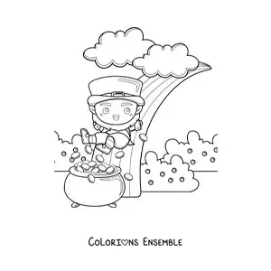 Image à colorier d'un mignon lutin kawaii avec une marmite d'or au bout de l'arc-en-ciel