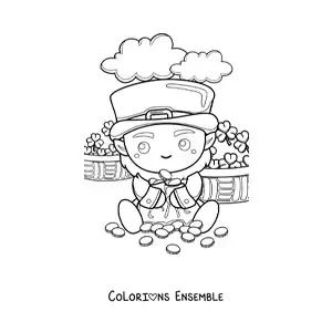 Image à colorier d'un mignon lutin porte-bonheur kawaii avec de l'or et des trèfles