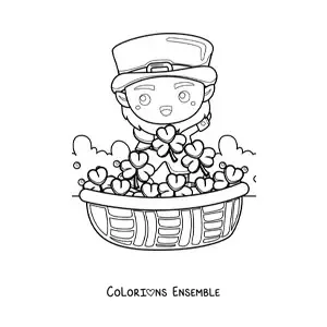 Image à colorier d'un mignon lutin irlandais kawaii avec des trèfles