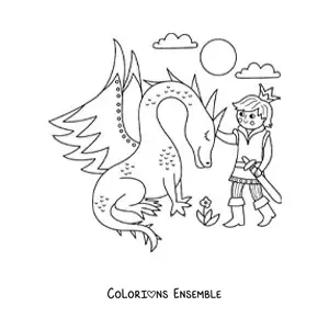 Image à colorier d'un prince et d'un dragon