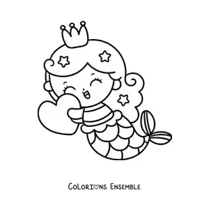 Image à colorier d'une mignonne princesse sirène kawaii avec un cœur