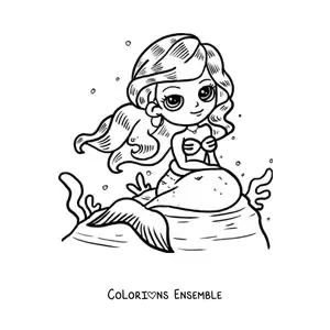 Image à colorier d'une mignonne sirène kawaii assise sur un rocher