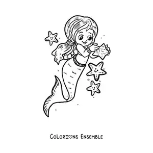 Image à colorier d'une mignonne fillette sirène kawaii avec des étoiles de mer