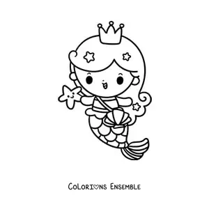 Image à colorier d'une mignonne princesse sirène kawaii avec un sac et une étoile de mer