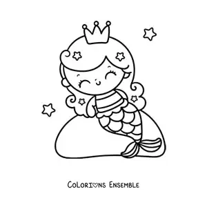 Image à colorier d'une mignonne princesse sirène kawaii assise sur un rocher