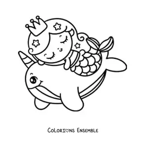 Image à colorier d'une mignonne princesse sirène kawaii qui nage avec un narval