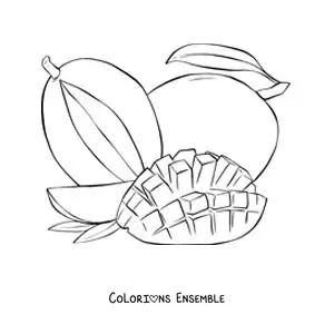 Image à colorier d'une mangue coupée en quadrillage avec une mangue entière au fond