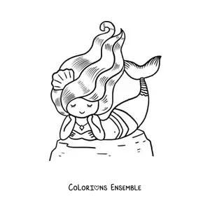 Image à colorier d'une belle sirène allongée sur un rocher