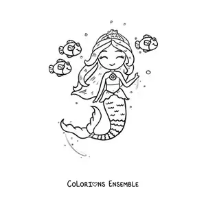 Image à colorier d'une princesse sirène qui nage avec des poissons