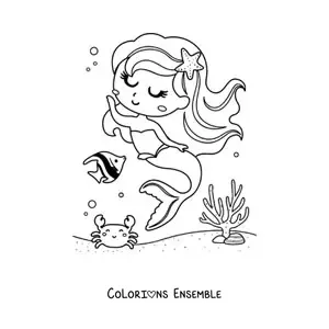 Image à colorier d'une sirène qui danse avec un poisson et un crabe