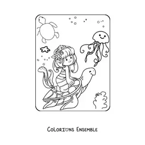 Image à colorier d'une mignonne princesse sirène kawaii qui nage avec une tortue de mer