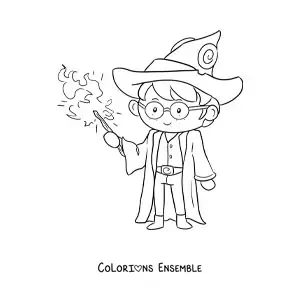 Image à colorier d'un magicien animé avec une baguette
