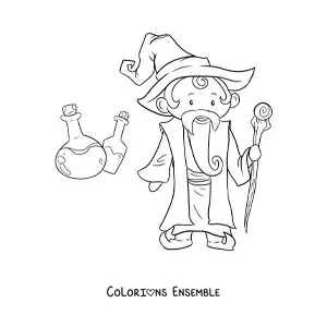Image à colorier d'un magicien avec des potions