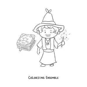 Image à colorier d'un magicien avec une baguette et un grimoire