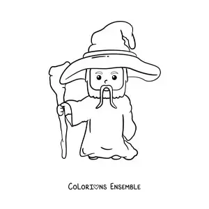 Image à colorier d'un mignon magicien kawaii avec un bâton