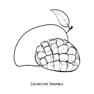 Image à colorier d'une mangue coupée en quadrillage avec une autre mangue au fond