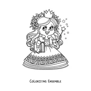 Coloriage d'une princesse magique kawaii avec un livre