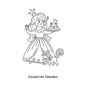 Coloriage d'une princesse kawaii avec un petit animal et un prince transformé en grenouille
