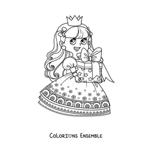 Coloriage d'une princesse kawaii avec un cadeau