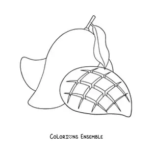Image à colorier d'une mangue coupée en quadrillage avec une autre mangue au fond