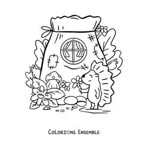 Coloriage d'un porc-épic animé et d'une maison de la forêt enchantée