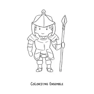 Coloriage d'un chevalier animé avec une armure et une lance