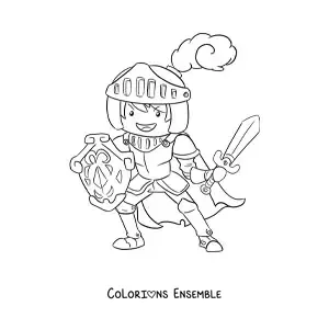 Coloriage d'un chevalier animé avec une épée et un bouclier