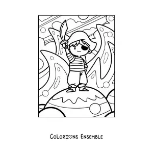 Coloriage d'un petit pirate animé avec une épée sur une île