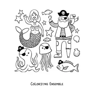 Coloriage d'un pirate animé avec une sirène et des animaux