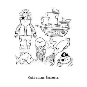 Coloriage d'un pirate animé avec un bateau et des animaux