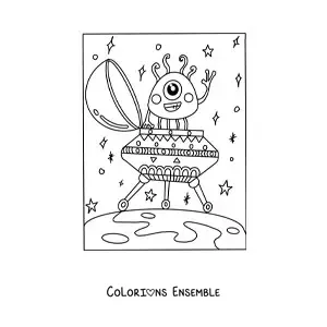Coloriage d'un extraterrestre kawaii dans son vaisseau