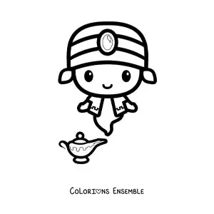 Coloriage facile d'un génie kawaii qui sort de la lampe