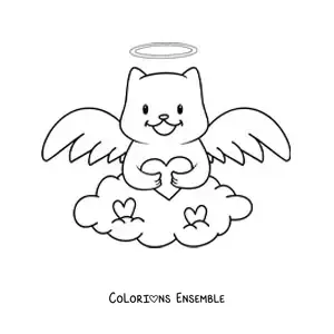 Coloriage d'un chat ange animé avec un cœur dans le ciel